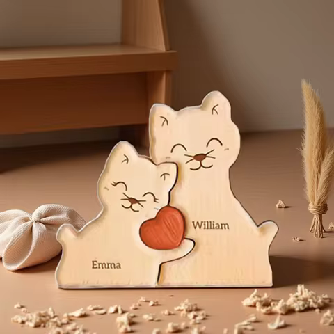 Tirelire bois découpée laser — chat famille (cadeau personnalisé)