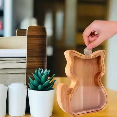 Tirelire chaton en bois — figurine décorative artisanale